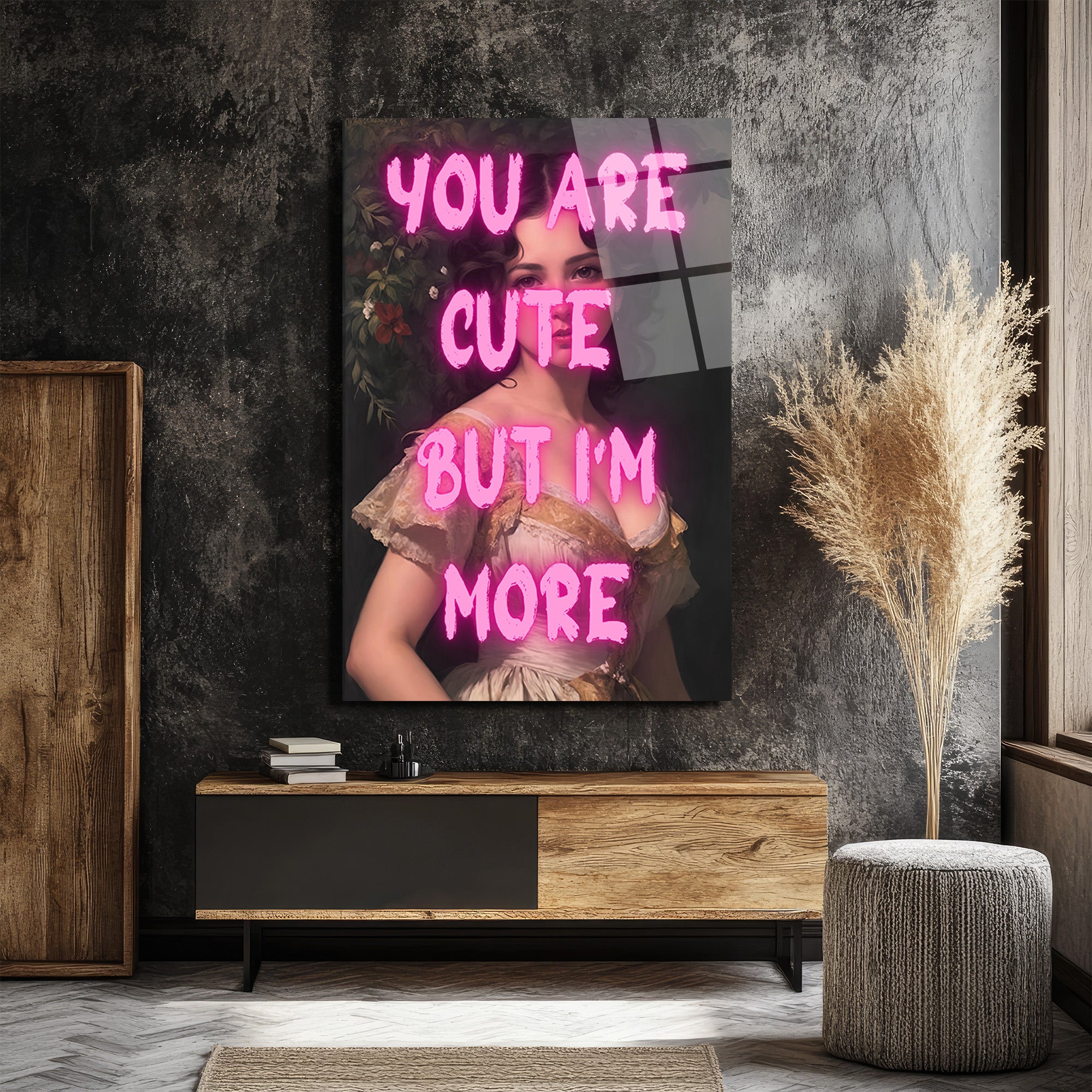 You Are Cute Neon Yazılı Vintage Kadın Cam Tablo