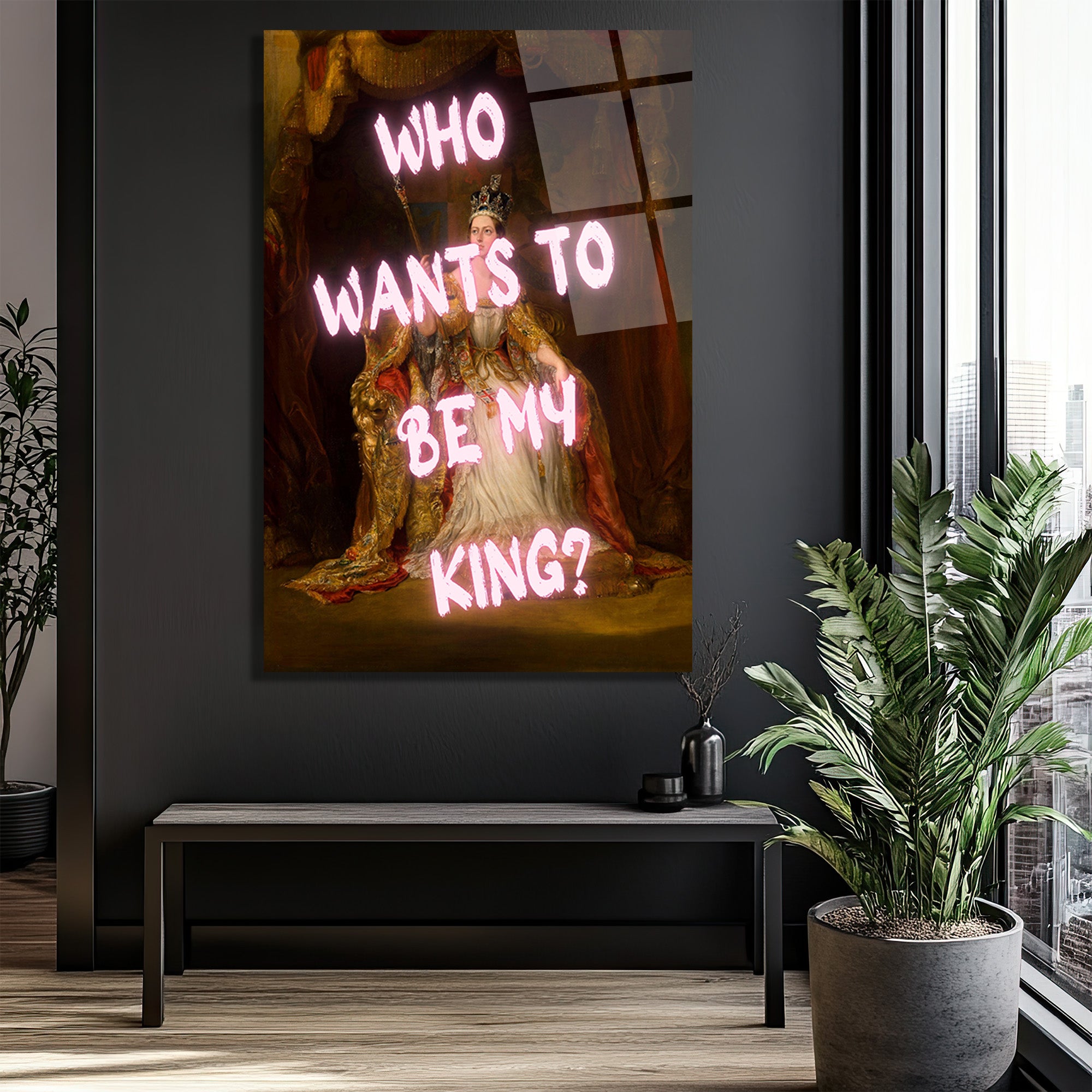 Asi Kraliçe Neon Mesajlı Cam Tablo - Who Wants To Be My King?