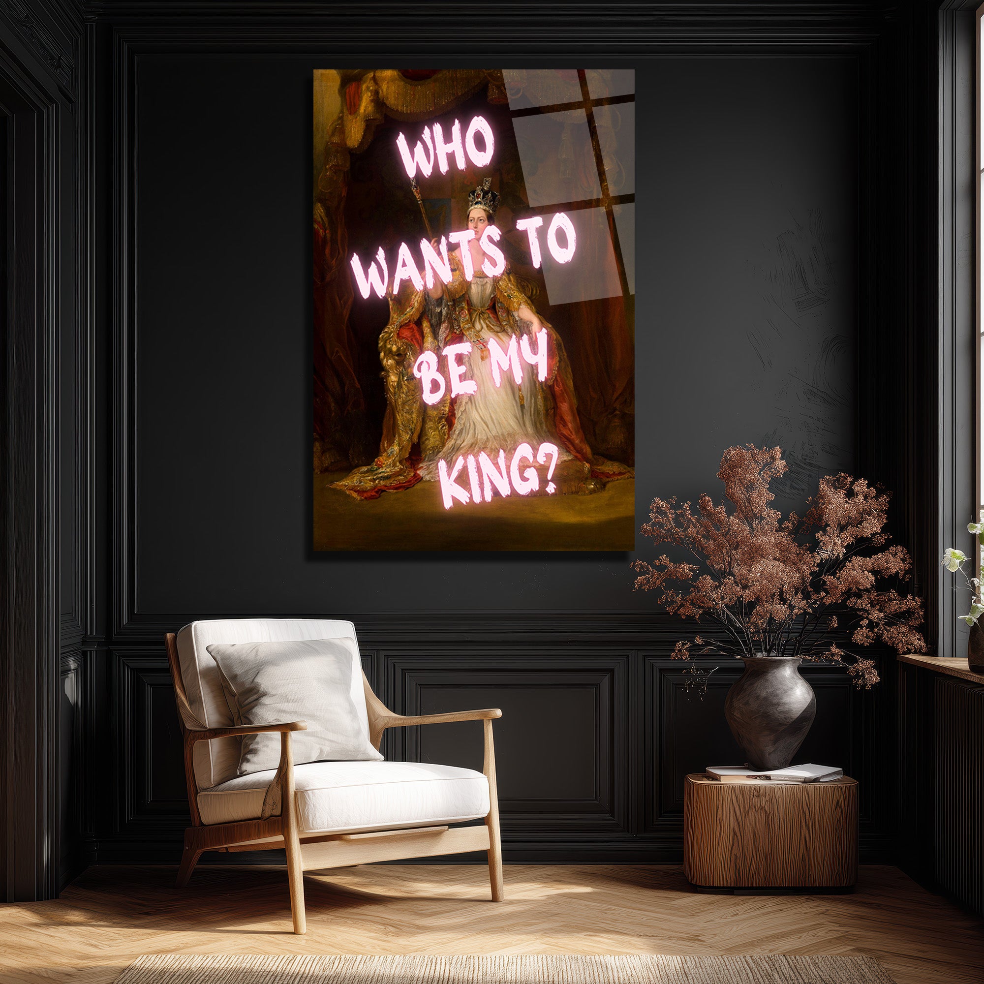 Asi Kraliçe Neon Mesajlı Cam Tablo - Who Wants To Be My King?