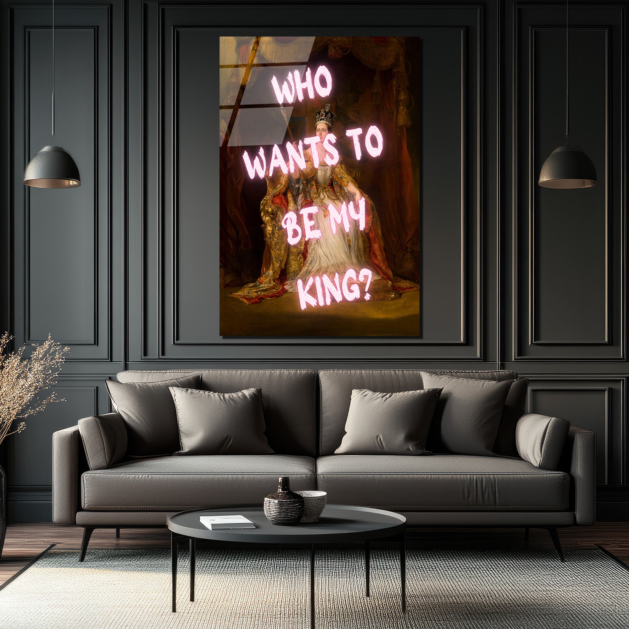 Asi Kraliçe Neon Mesajlı Cam Tablo - Who Wants To Be My King?