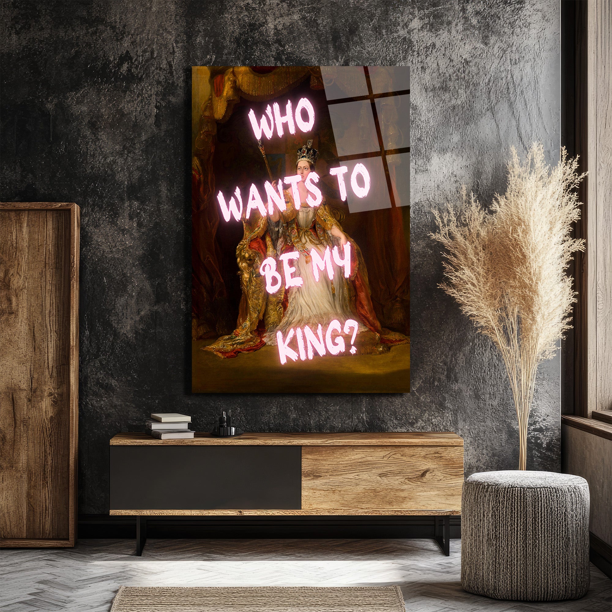 Asi Kraliçe Neon Mesajlı Cam Tablo - Who Wants To Be My King?