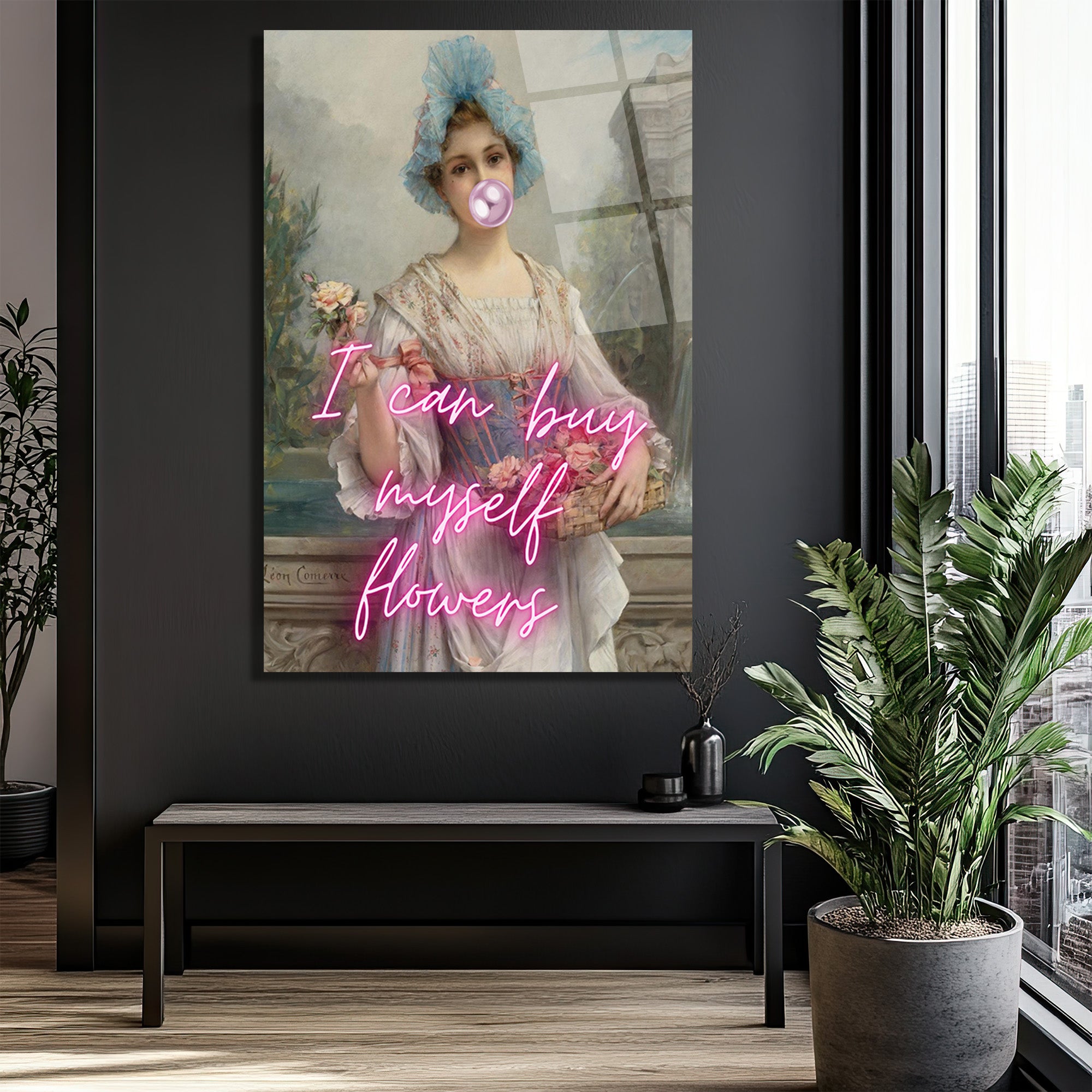 Kendime Çiçek Alırım Neon Yazılı Modern Klasik Cam Tablo