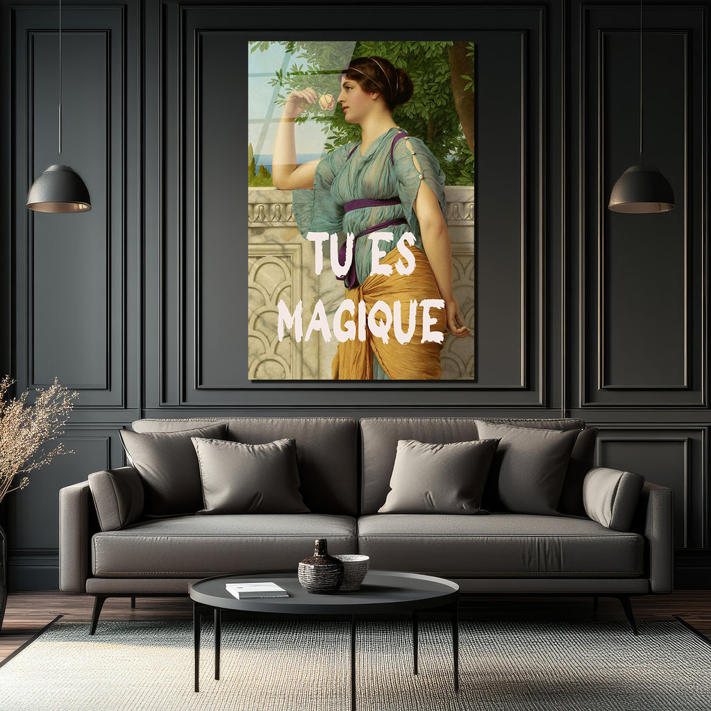 "Tu Es Magique" Temalı Antik Kadın ve Gül Cam Tablo