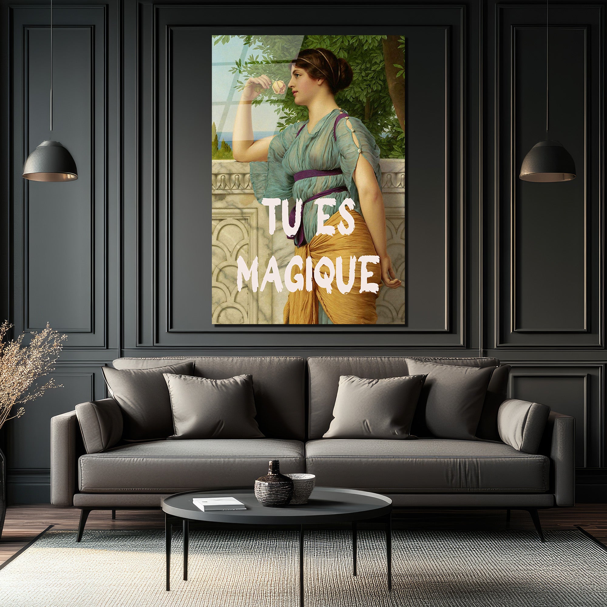 "Tu Es Magique" Temalı Antik Kadın ve Gül Cam Tablo