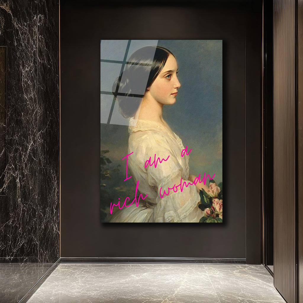 "I Am A Rich Woman" Yazılı Klasik Portre Cam Tablo