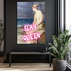 Slay Queen Neon Pembe Yazılı Klasik Sanat Cam Tablo