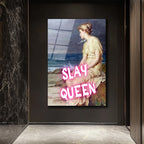 Slay Queen Neon Pembe Yazılı Klasik Sanat Cam Tablo