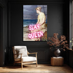 Slay Queen Neon Pembe Yazılı Klasik Sanat Cam Tablo