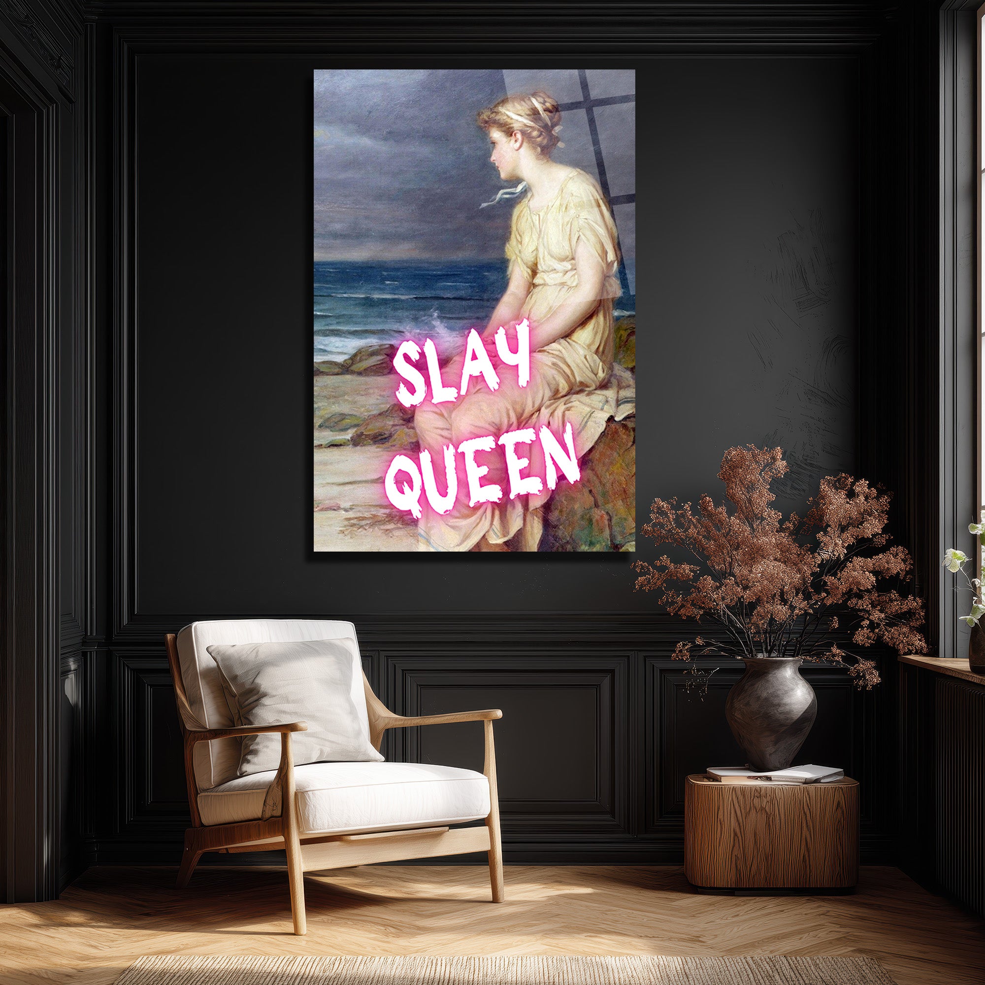 Slay Queen Neon Pembe Yazılı Klasik Sanat Cam Tablo