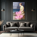 Slay Queen Neon Pembe Yazılı Klasik Sanat Cam Tablo