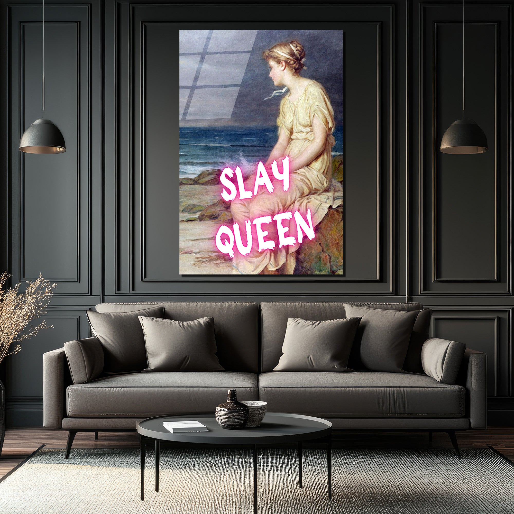Slay Queen Neon Pembe Yazılı Klasik Sanat Cam Tablo