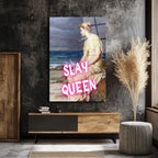 Slay Queen Neon Pembe Yazılı Klasik Sanat Cam Tablo