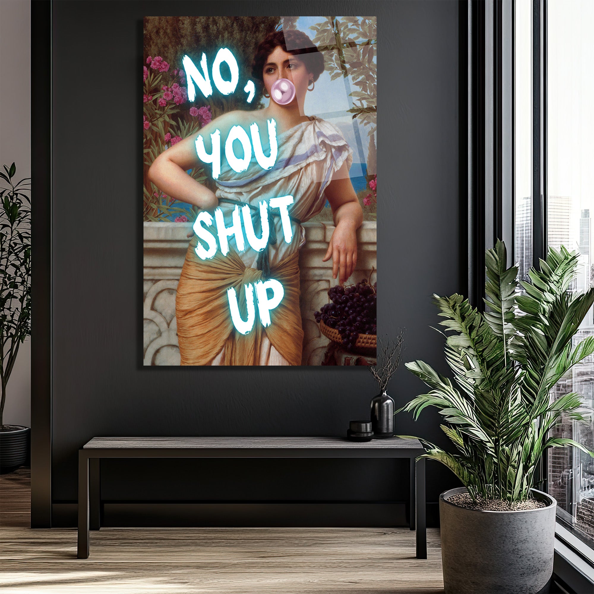 Asi Klasik Kadın 'No, You Shut Up' Neon Yazılı Cam Tablo