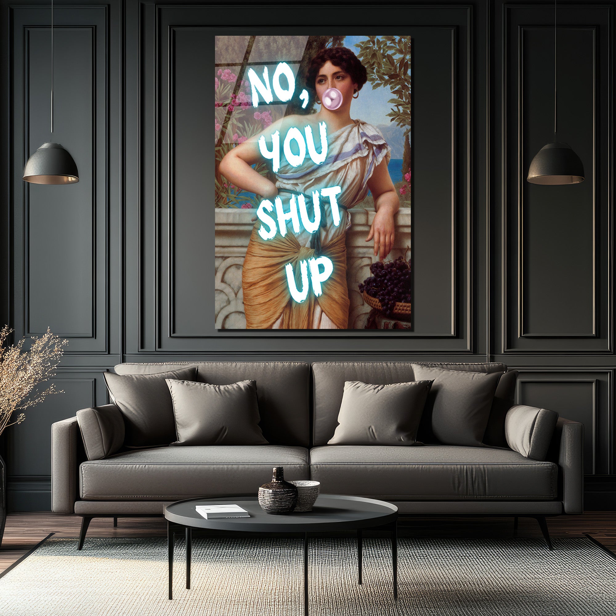 Asi Klasik Kadın 'No, You Shut Up' Neon Yazılı Cam Tablo
