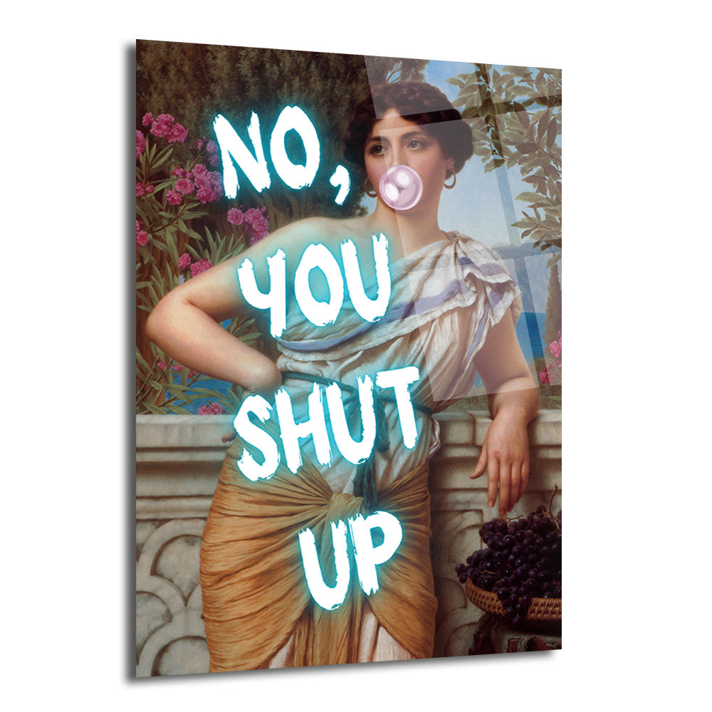 Klasik giysili, sakız çiğneyen ve 'No, You Shut Up' neon yazısıyla modern bir dokunuş kazanan asi bir kadının portresi