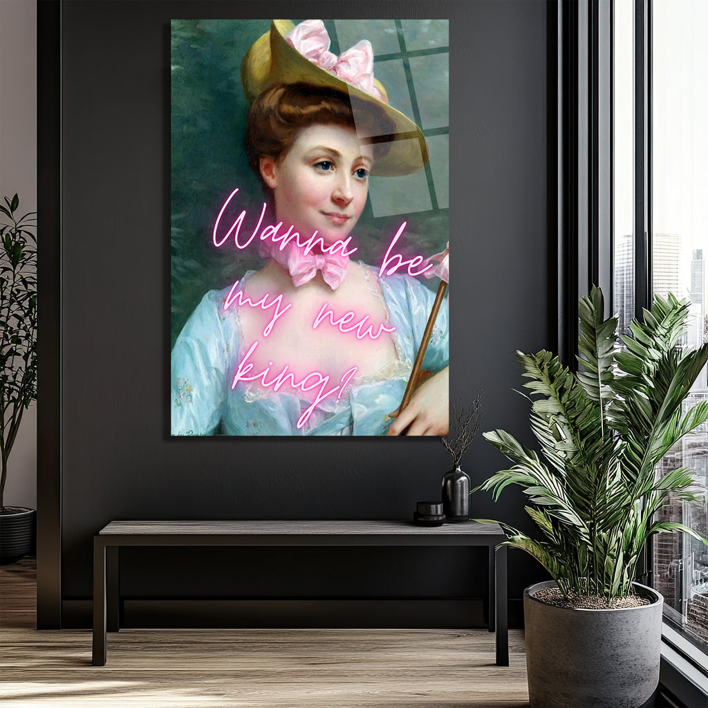 Wanna Be My New King? Neon Yazılı Klasik Portre Cam Tablo