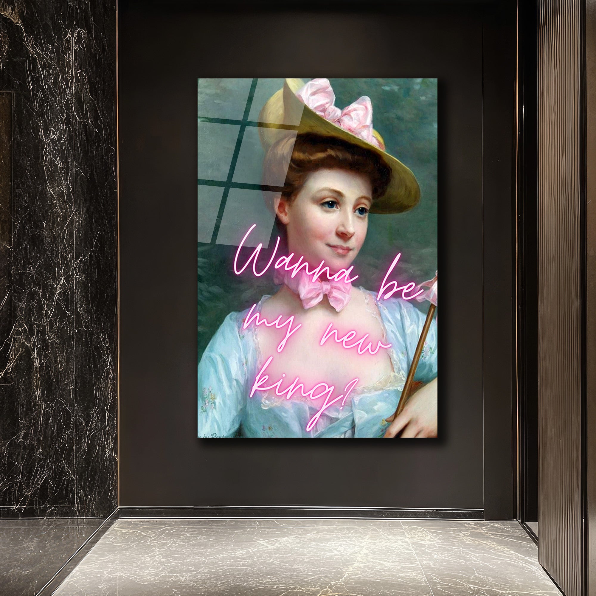Wanna Be My New King? Neon Yazılı Klasik Portre Cam Tablo
