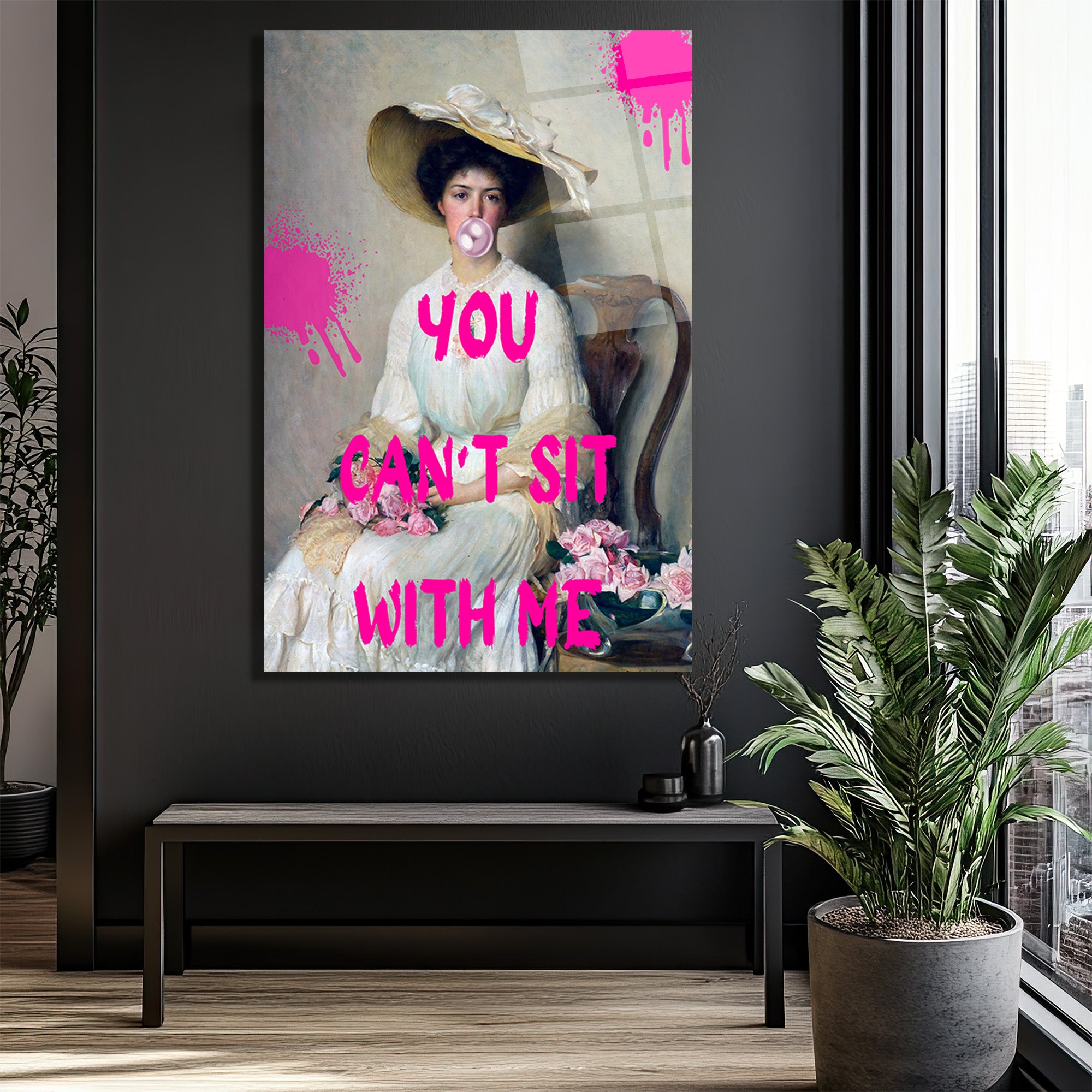 Sakız Çiğneyen Kadın: YOU CAN'T SIT WITH ME Temalı Cam Tablo