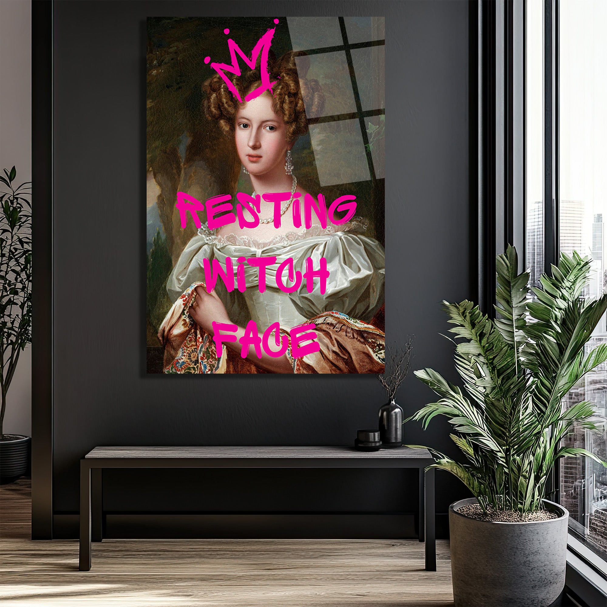 "Resting Witch Face" Temalı İronik Kraliçe Portre Cam Tablo