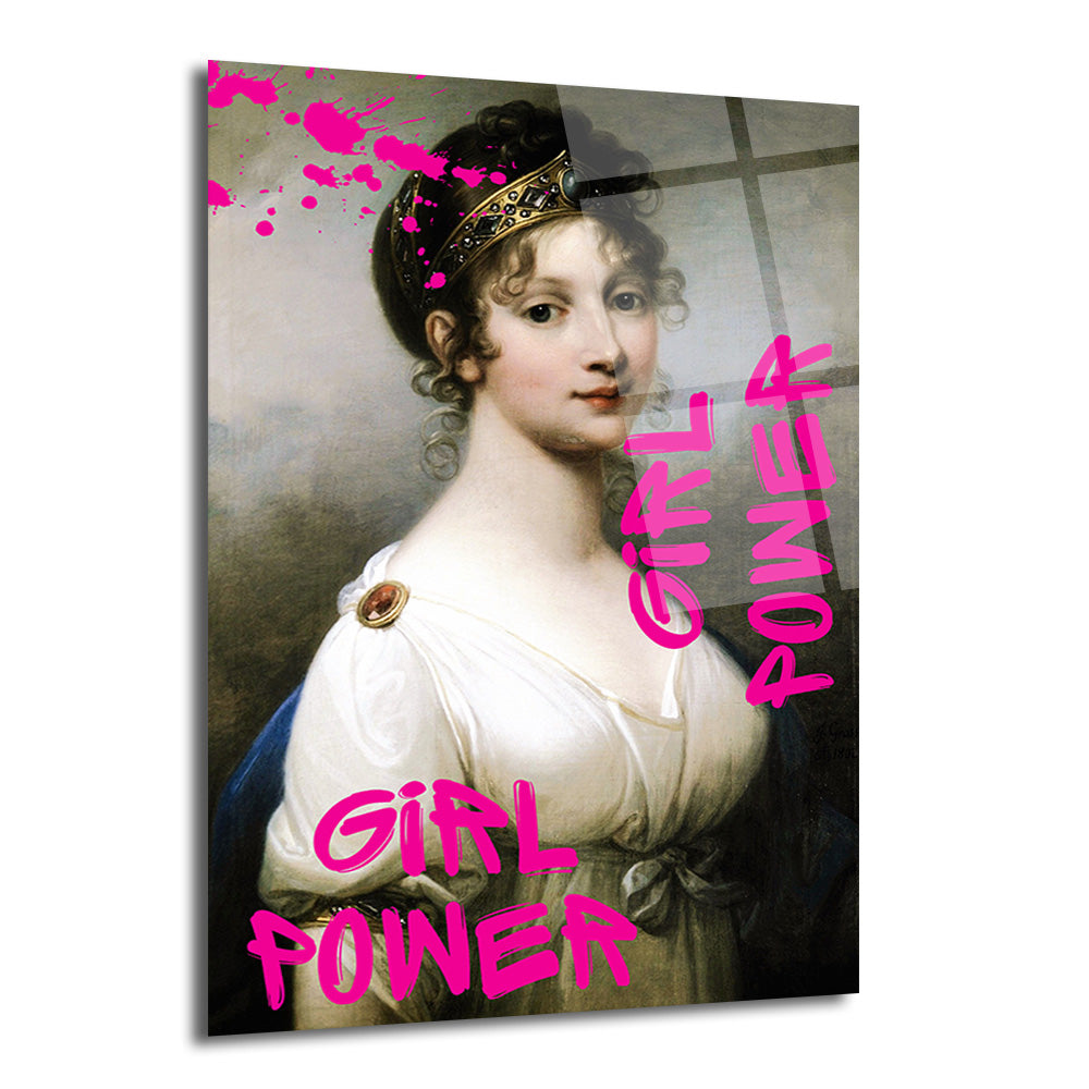 Klasik portre üzerine pembe 'Girl Power' yazılı ve boya sıçramaları olan, tacı kraliçe figürlü modern cam tablo.