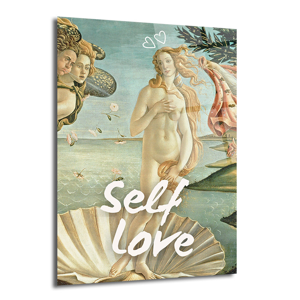 Botticelli'nin Venüs'ün Doğuşu tablosunun modern bir yorumu. Ortada bir deniz kabuğunun üzerinde duran çıplak Venüs figürü, etrafında rüzgar tanrıları ve çiçekler, ön planda büyük beyaz harflerle 'Self Love' yazısı ve üstte iki küçük kalp simgesi.