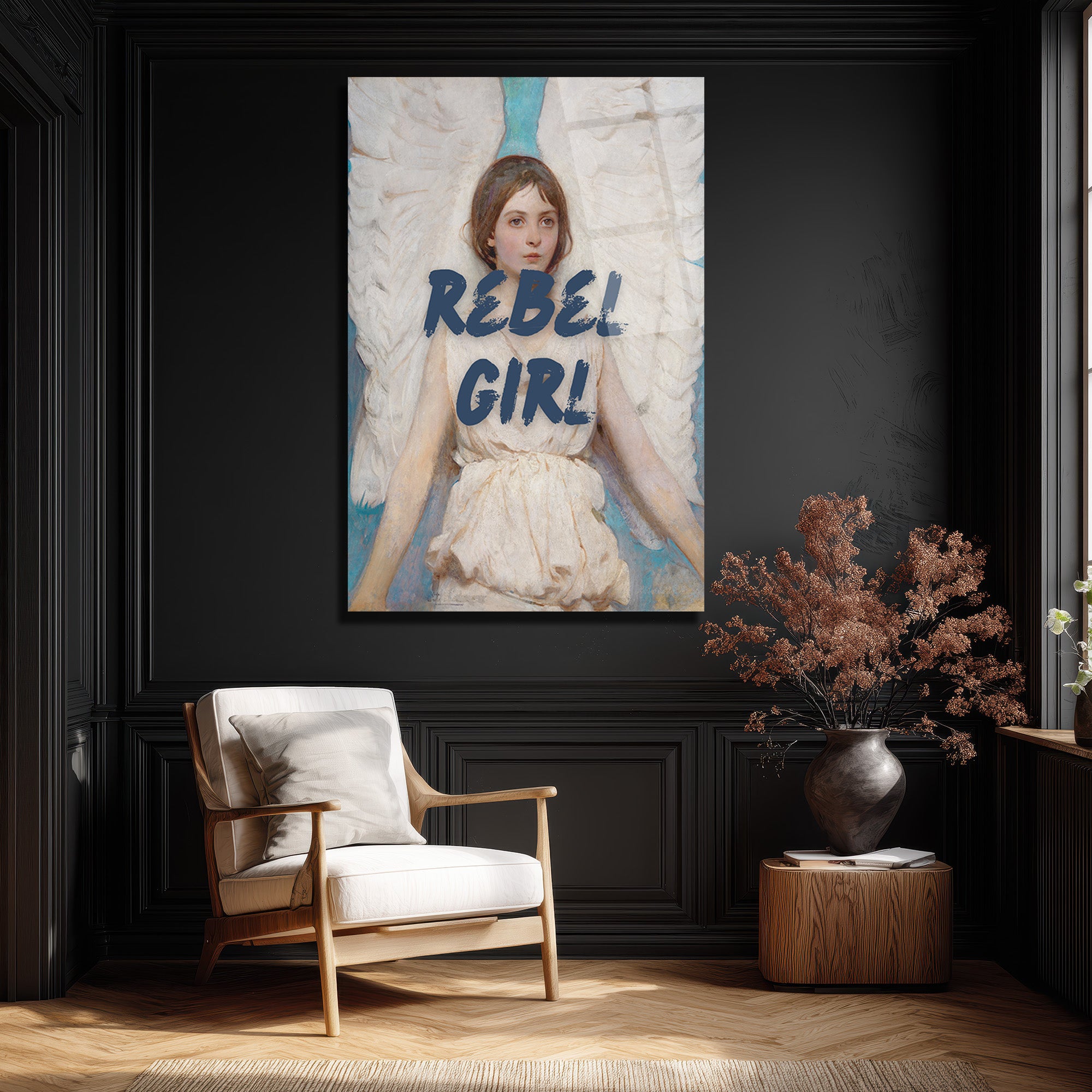 Rebel Girl Melek Temalı Modern Sanat Cam Tablo