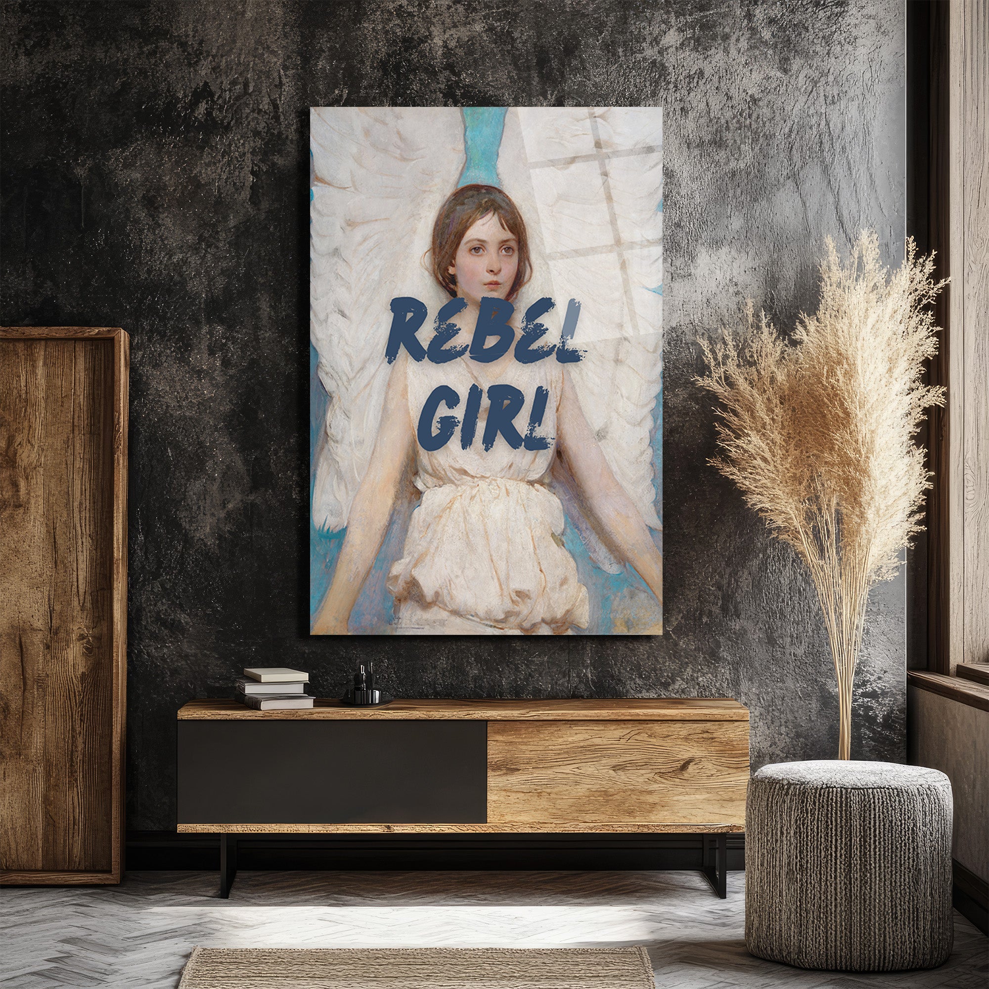 Rebel Girl Melek Temalı Modern Sanat Cam Tablo