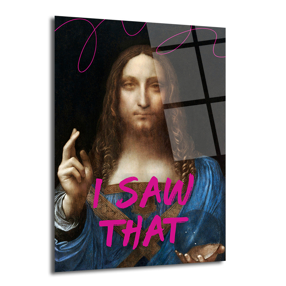 Siyah bir arka plan üzerinde, Leonardo da Vinci'nin Salvator Mundi tablosundaki İsa figürünün modern bir yorumu. İsa'nın mavi cübbesi ve sağ elinin kutsama işareti belirgin. Tablonun üzerine pembe, graffiti tarzı büyük harflerle "I SAW THAT" (Gördüm Onu) yazısı işlenmiş, sol üst köşede ise pembe kıvrımlı çizgiler bulunuyor. Figürün sol elinde şeffaf bir küre tuttuğu görülüyor.