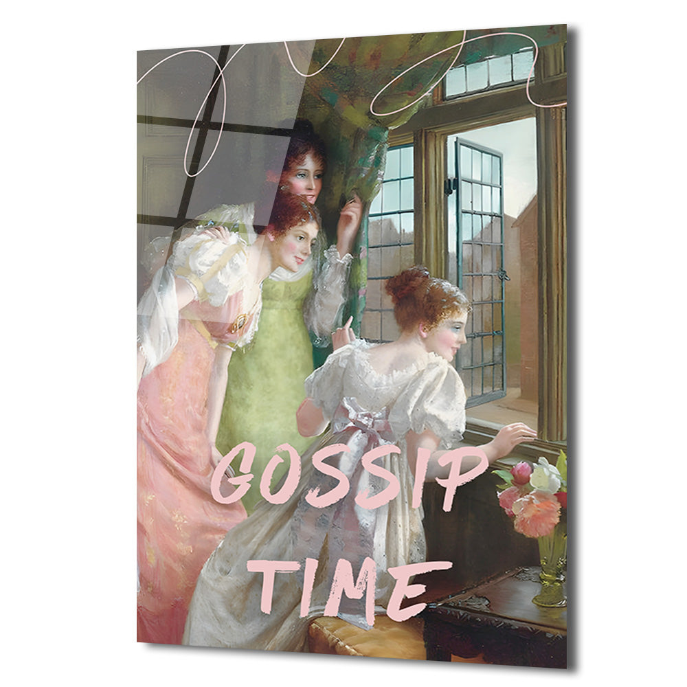 Gossip Time Vintage Sanatsal Cam Tablo - Neşeli Duvar Dekoru