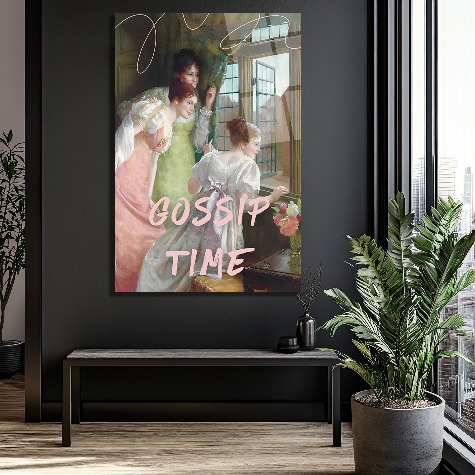 Gossip Time Vintage Sanatsal Cam Tablo - Neşeli Duvar Dekoru