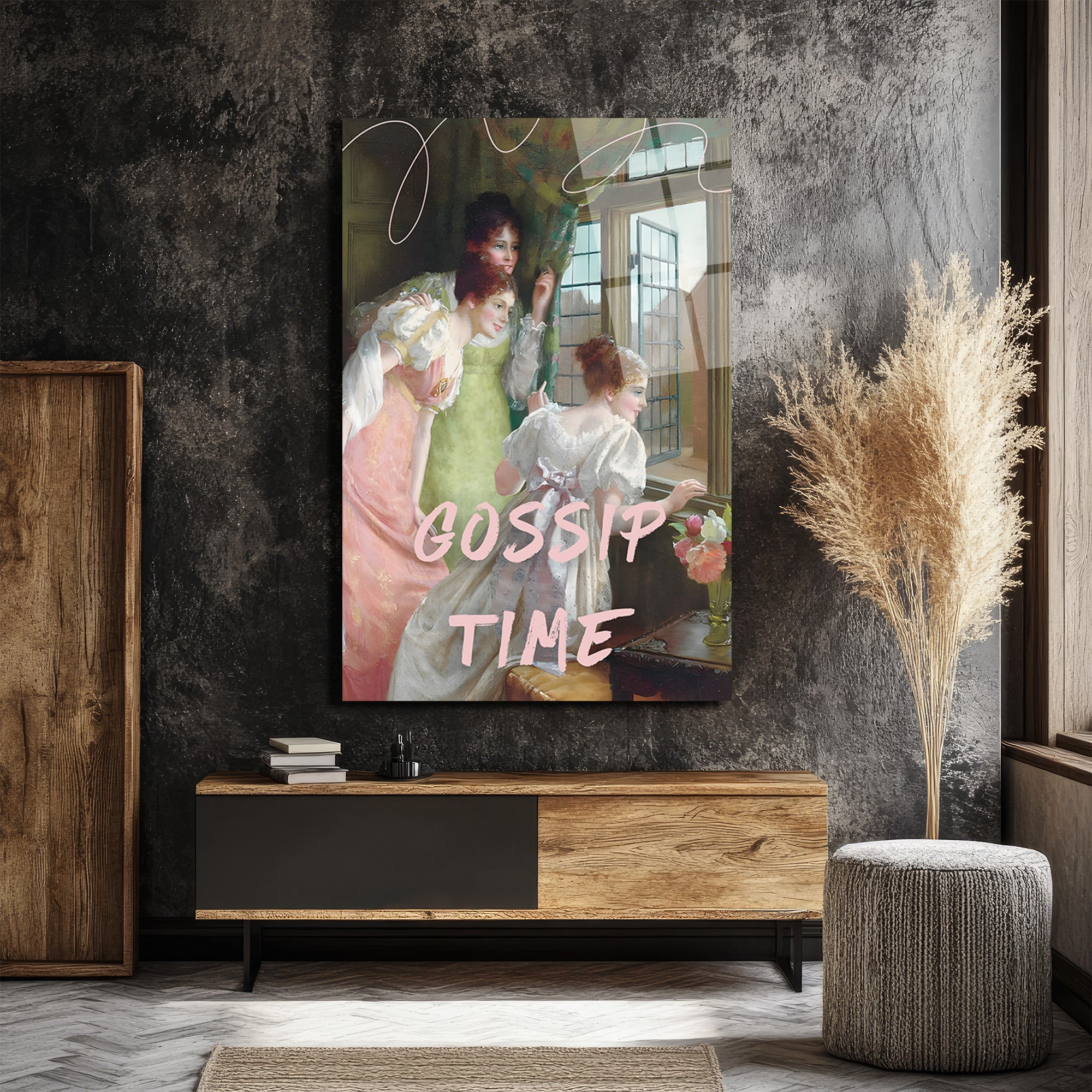 Gossip Time Vintage Sanatsal Cam Tablo - Neşeli Duvar Dekoru