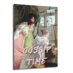 Pencereden dışarı bakan, pastel tonlarda kıyafetler giymiş üç kadını gösteren vintage bir resim. Tablonun üzerinde pembe renkte 'GOSSIP TIME' yazısı bulunuyor, bu da sahneye modern ve esprili bir dokunuş katıyor.
