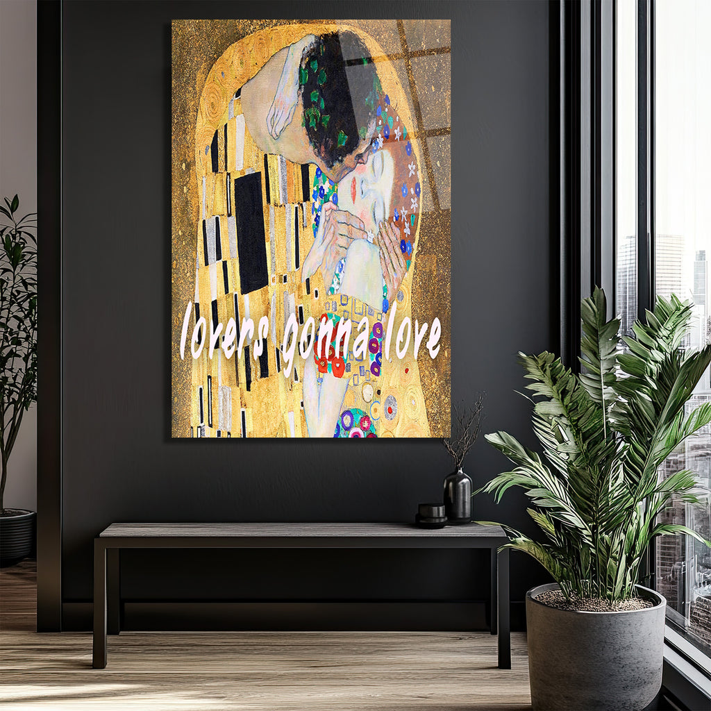 Aşkın Işıltısı: Klimt Öpücük "Lovers Gonna Love" Cam Tablo
