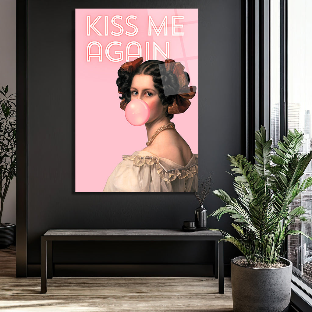 Kiss Me Again Balonlu Kız Modern Cam Tablo - Pop Art Duvar Sanatı