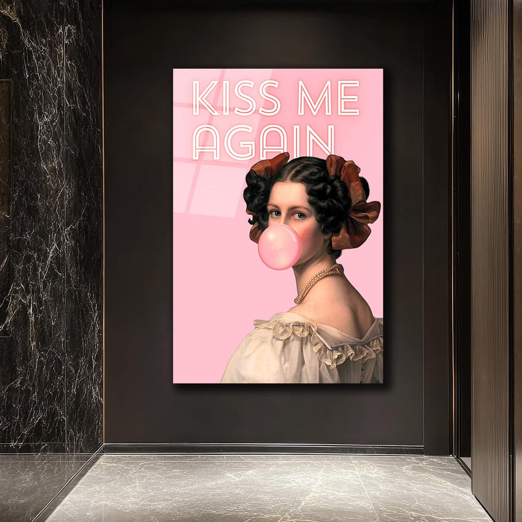 Kiss Me Again Balonlu Kız Modern Cam Tablo - Pop Art Duvar Sanatı