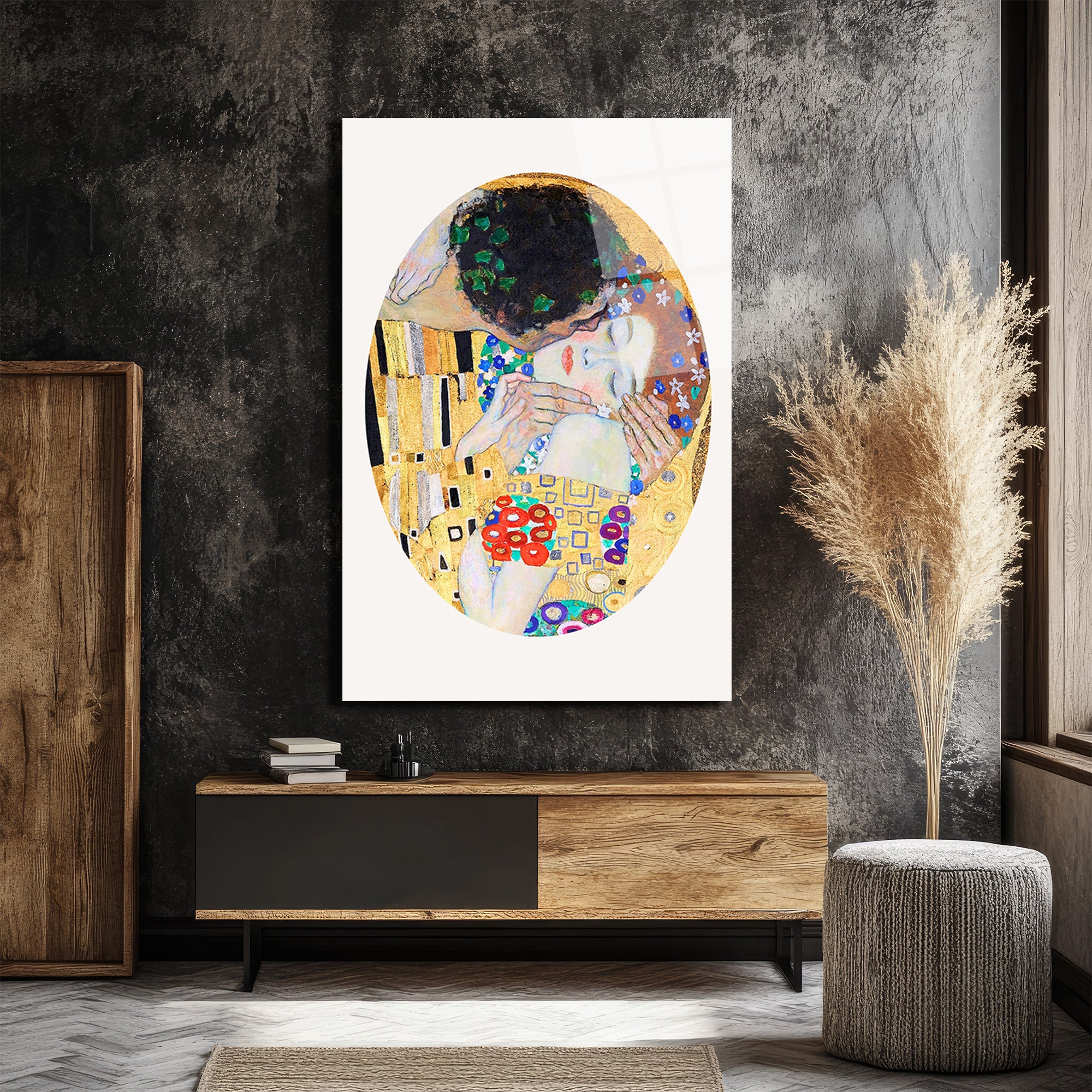 Klimt Öpücük Cam Tablo: Aşkın Altın Dokunuşu