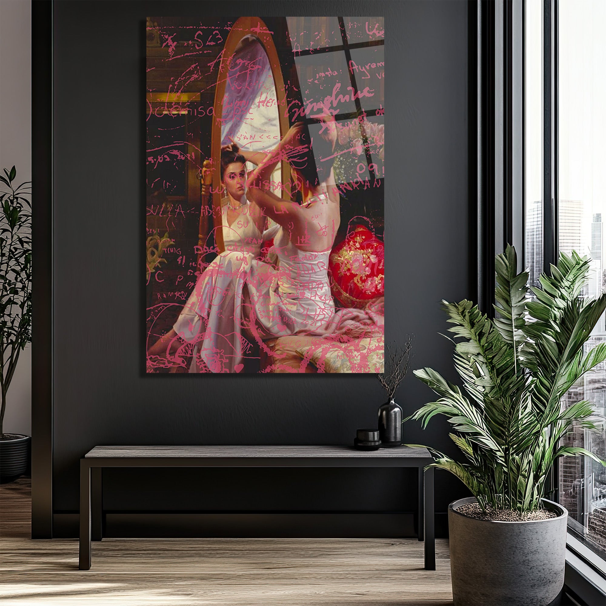 Aynadaki Sır: Pembe Yazılı Sanat Kadın Portresi Cam Tablo