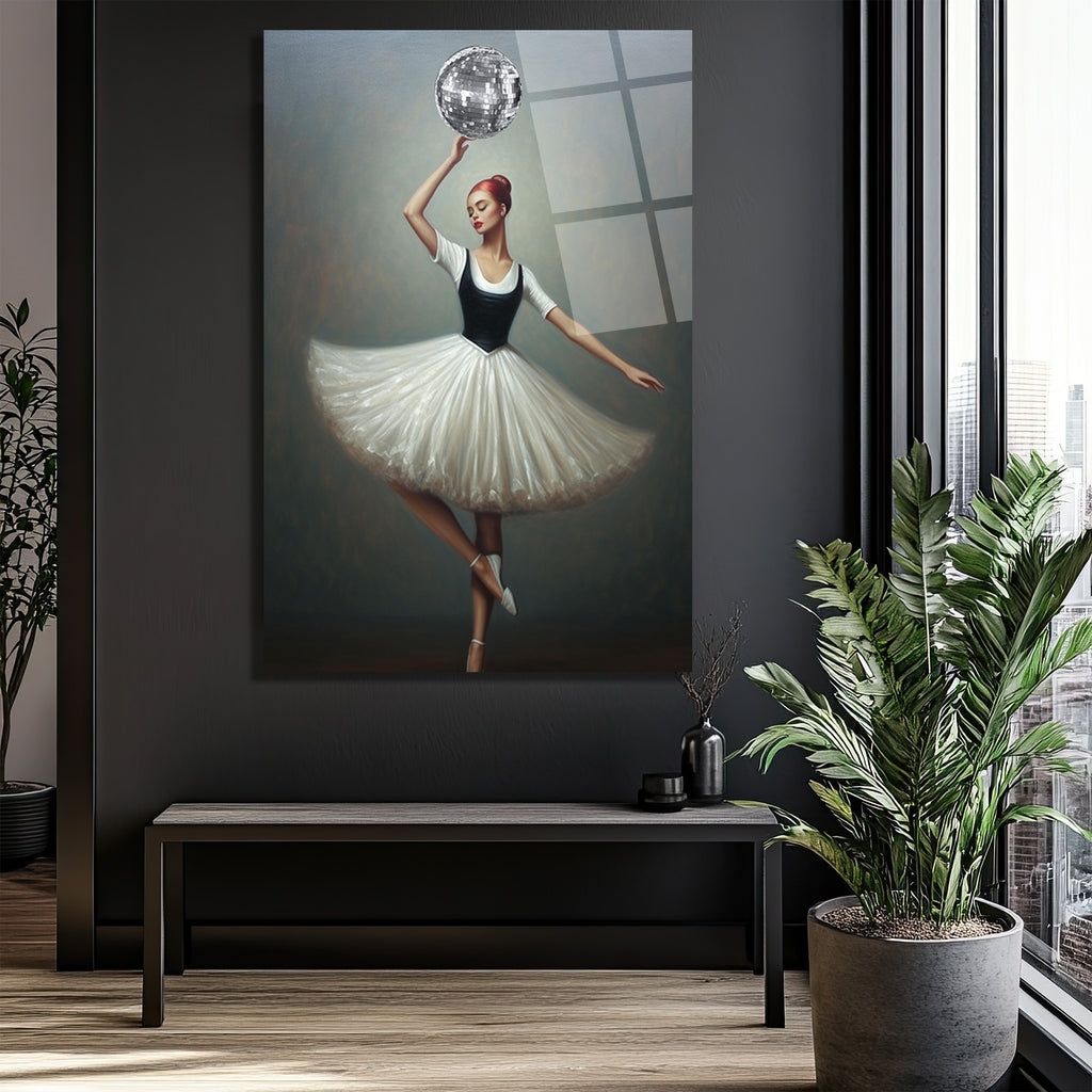 Balerin ve Disko Topu Modern Sanat Cam Tablo