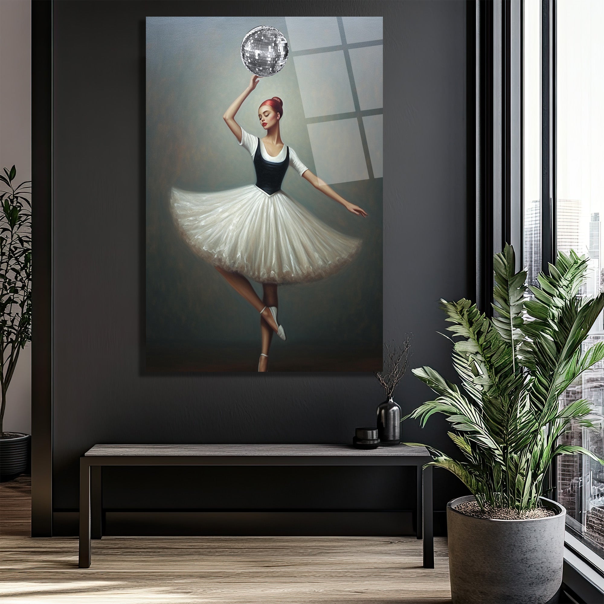 Balerin ve Disko Topu Modern Sanat Cam Tablo