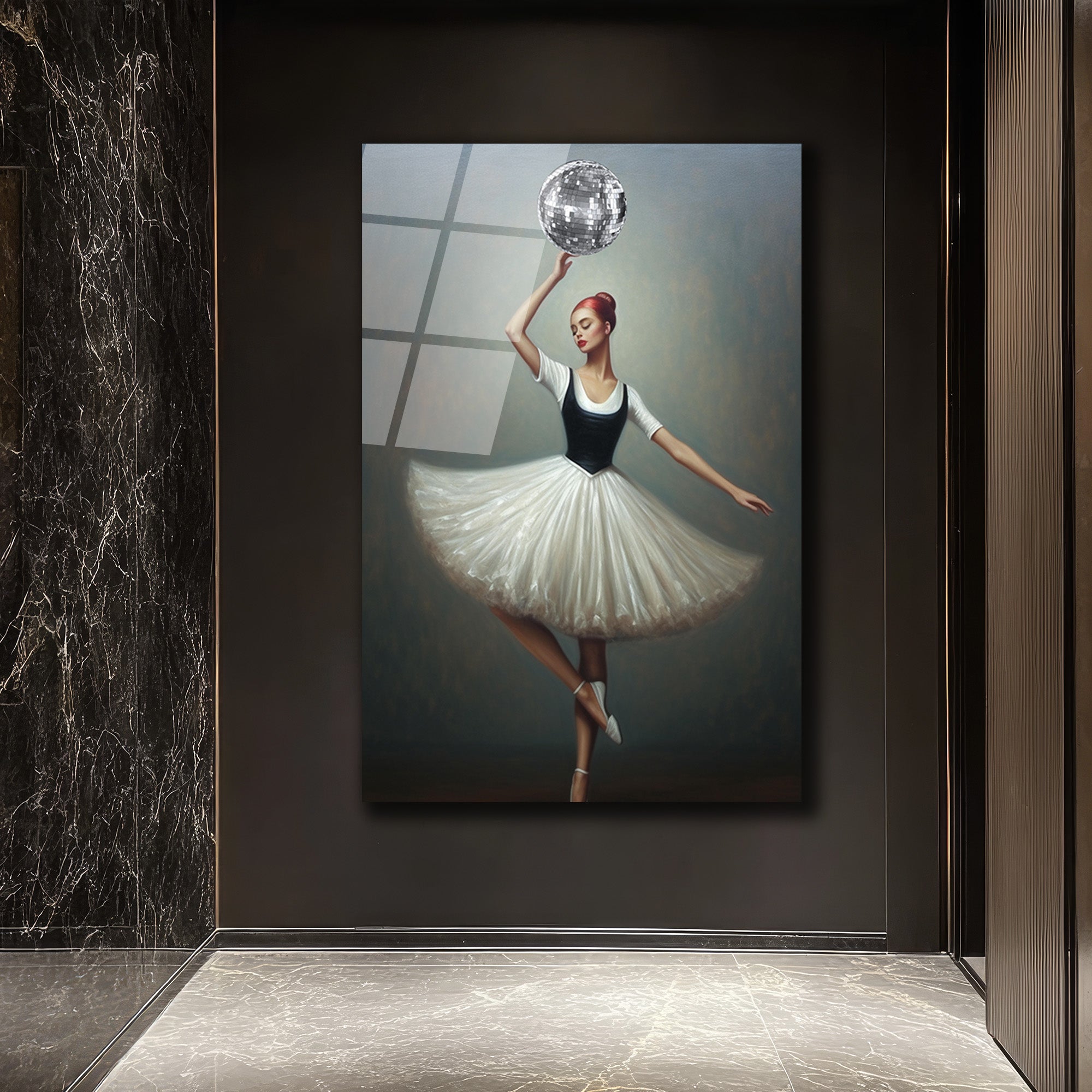 Balerin ve Disko Topu Modern Sanat Cam Tablo