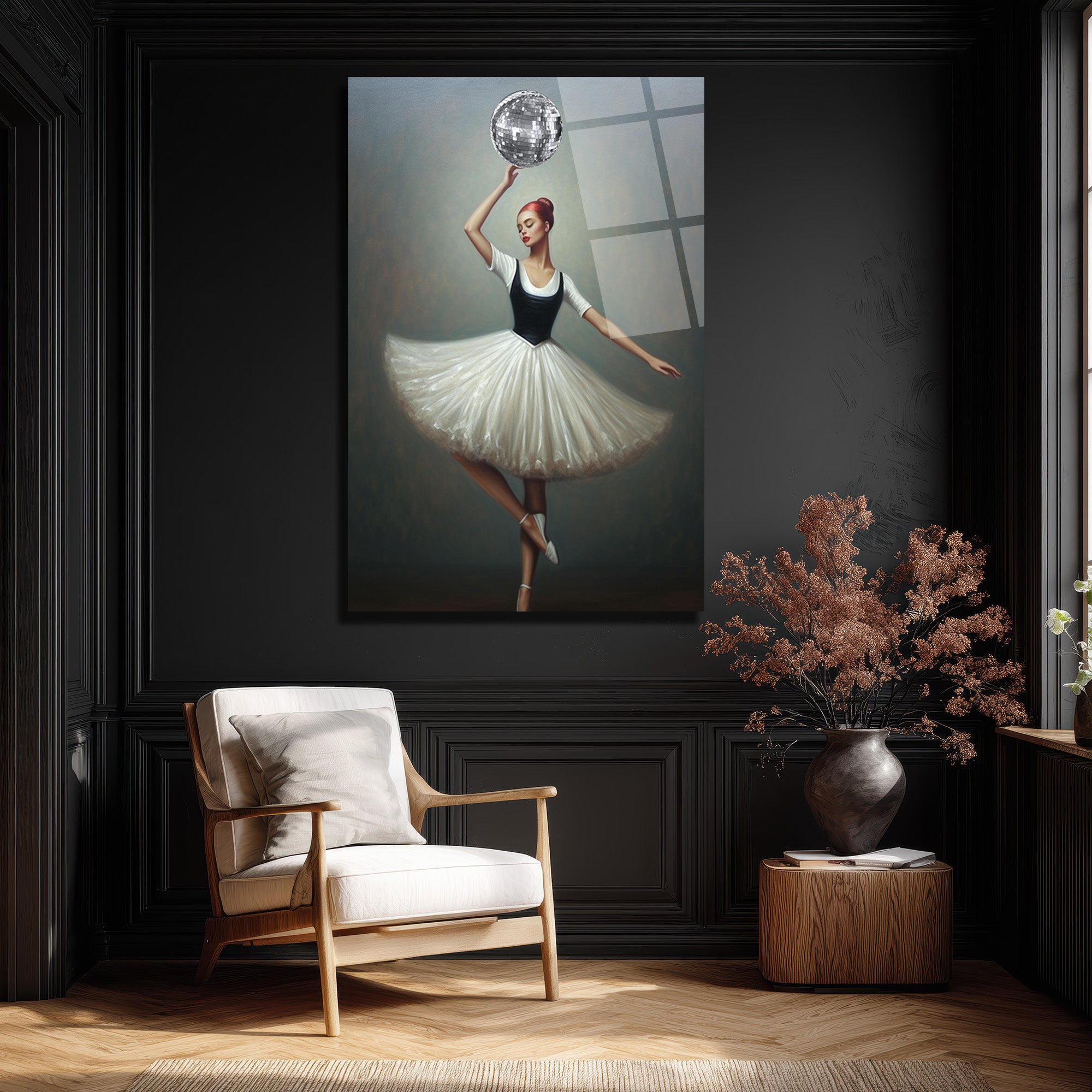 Balerin ve Disko Topu Modern Sanat Cam Tablo