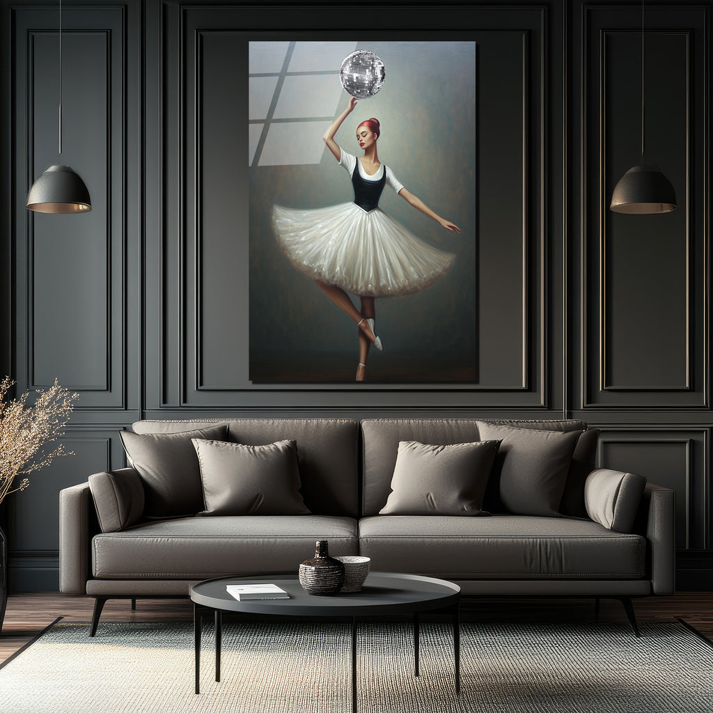 Balerin ve Disko Topu Modern Sanat Cam Tablo