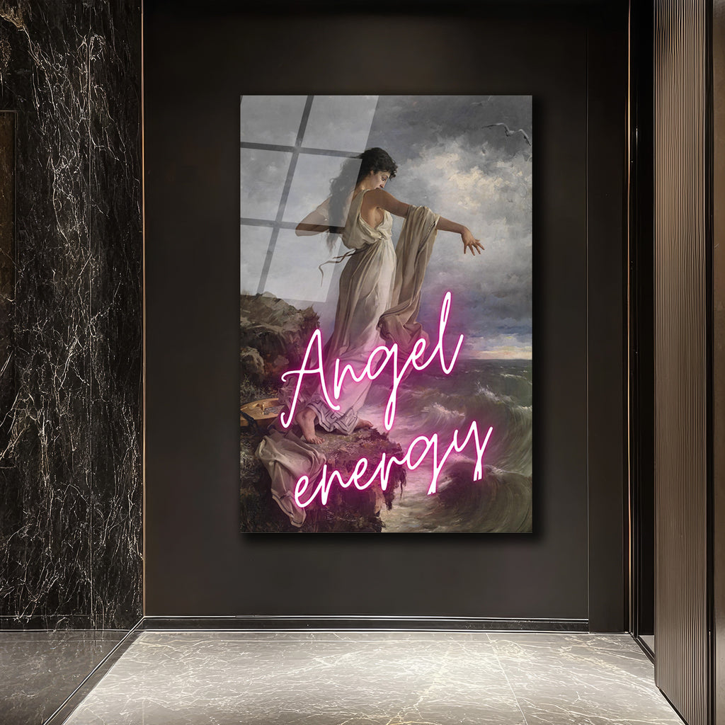 Melek Enerjisi Neon Klasik Sanat Cam Tablo