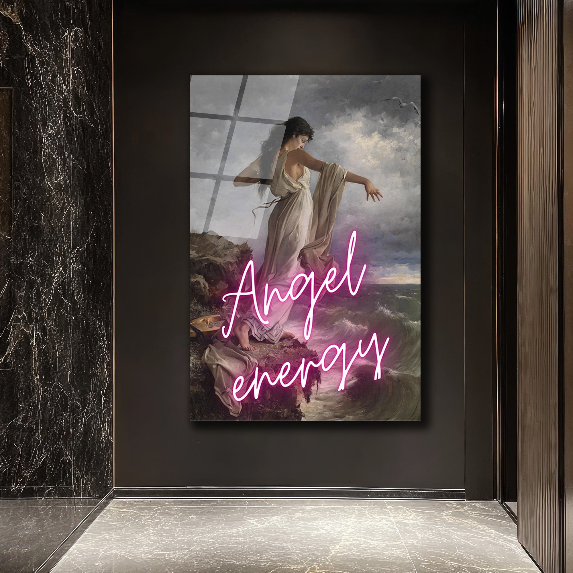 Melek Enerjisi Neon Klasik Sanat Cam Tablo