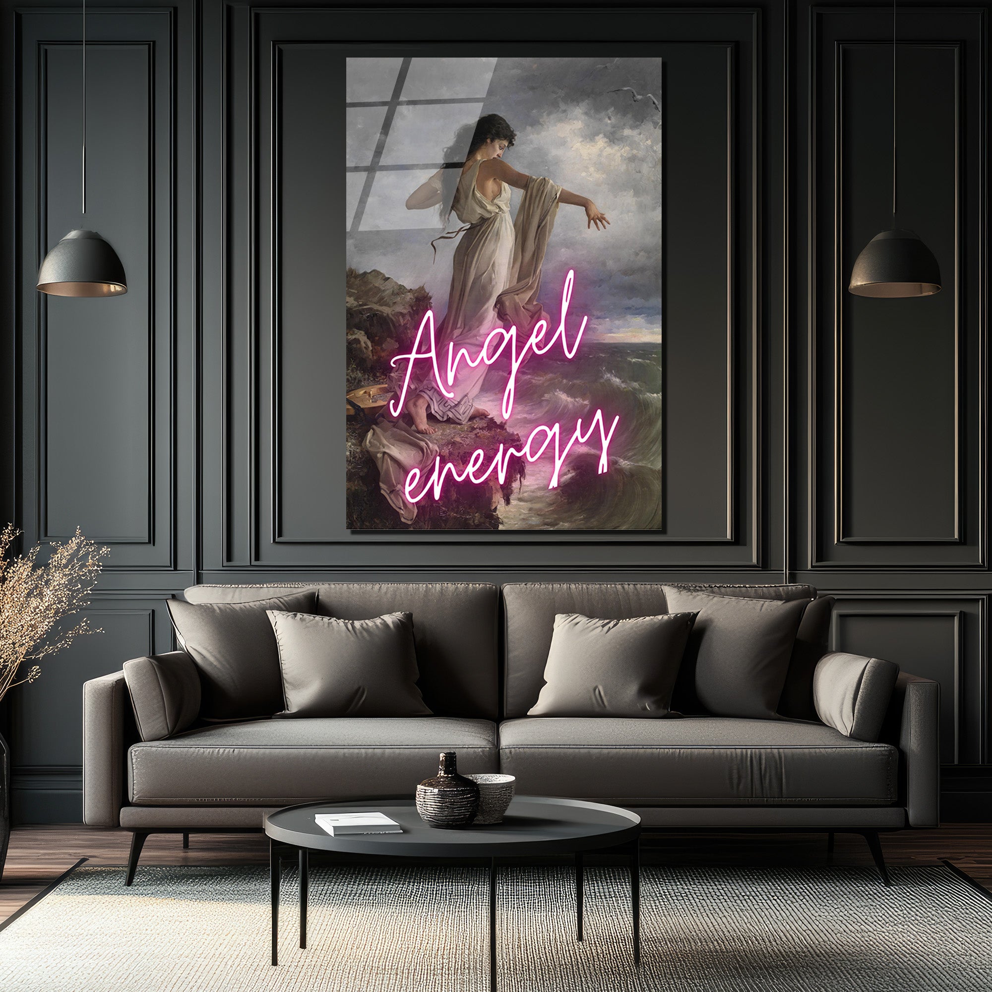 Melek Enerjisi Neon Klasik Sanat Cam Tablo