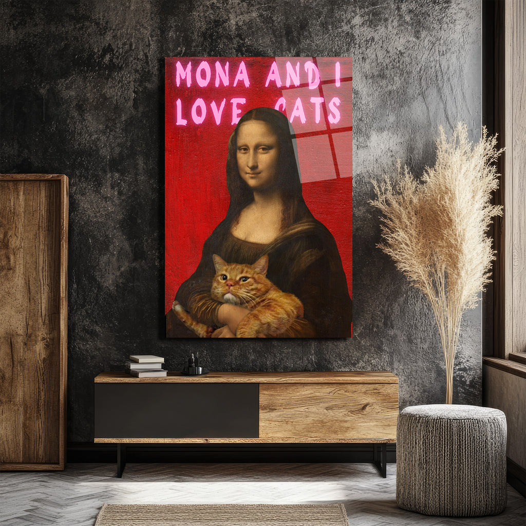 Mona ve Kedisi 'I Love Cats' Temalı Pop Art Cam Tablo