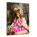 Klasik bir kadın portresi üzerine neon pembe 'SLAY QUEEN' yazısının eklendiği, modern pop art tarzı cam tablo.