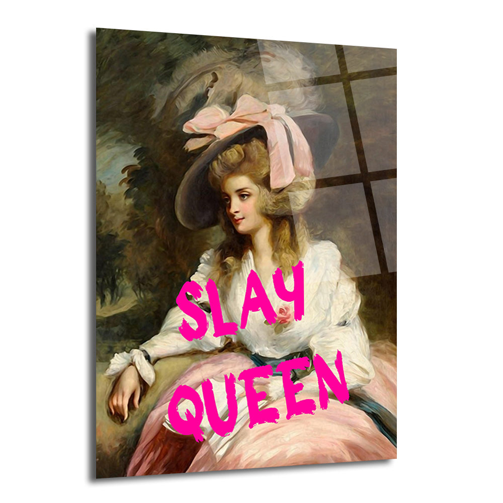 Klasik bir kadın portresi üzerine neon pembe 'SLAY QUEEN' yazısının eklendiği, modern pop art tarzı cam tablo.