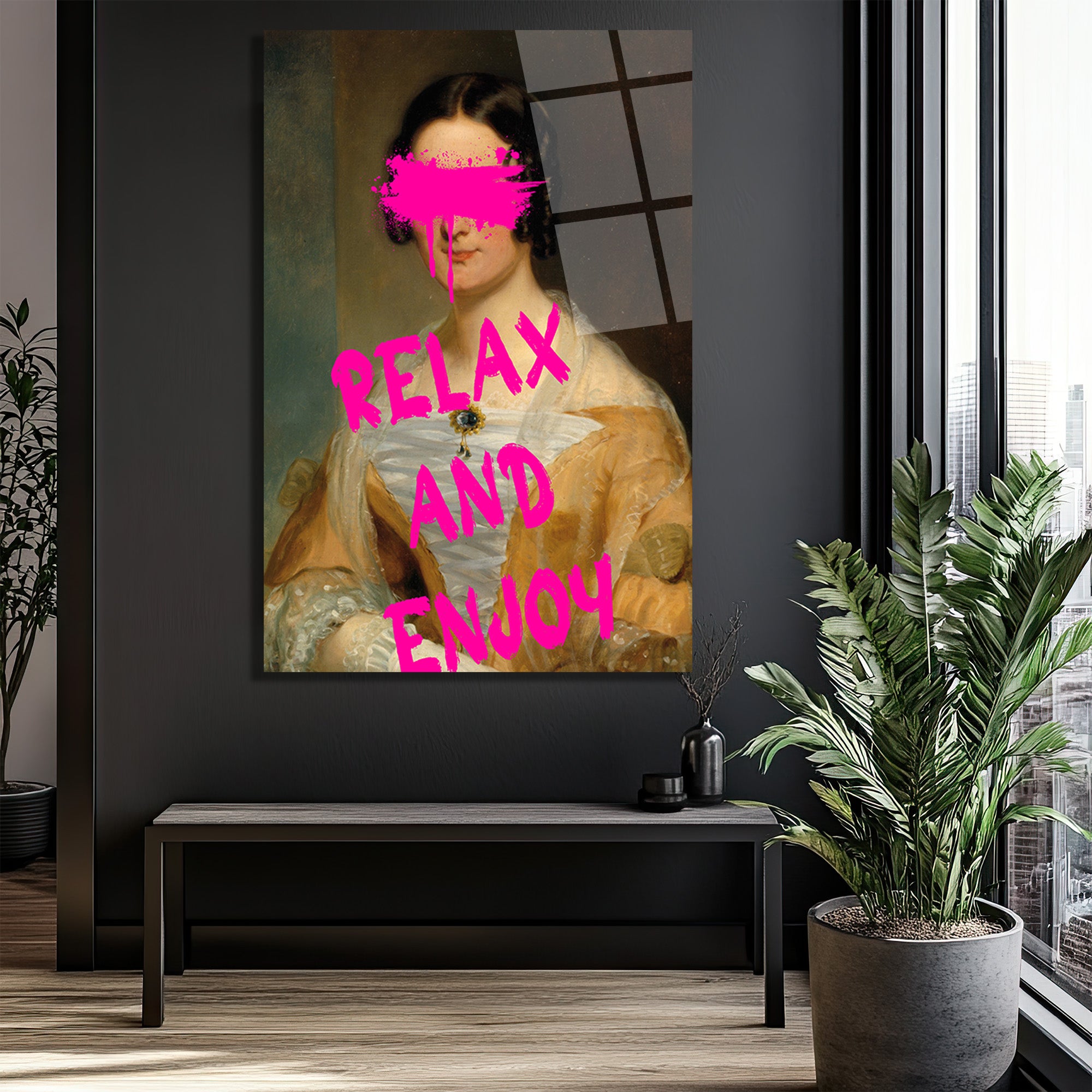 Relax and Enjoy Neon Pembe Graffiti Klasik Portre Cam Tablo