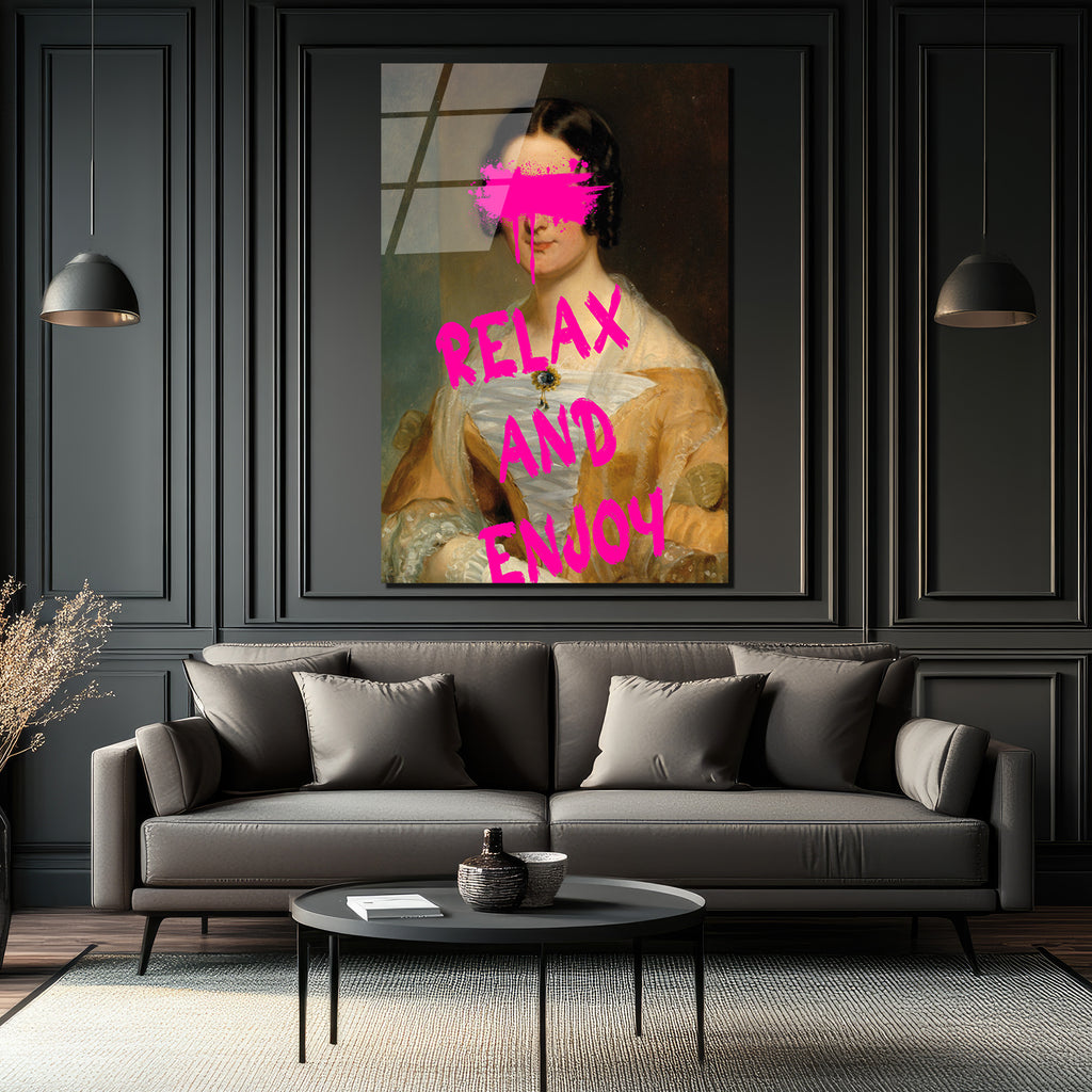 Relax and Enjoy Neon Pembe Graffiti Klasik Portre Cam Tablo